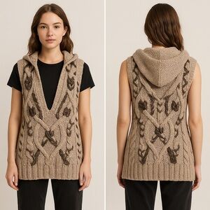 LaRok Vintage‎ Tan V-Neck Embroidered Chunky Knit Hooded Sweater Vest Sz. S